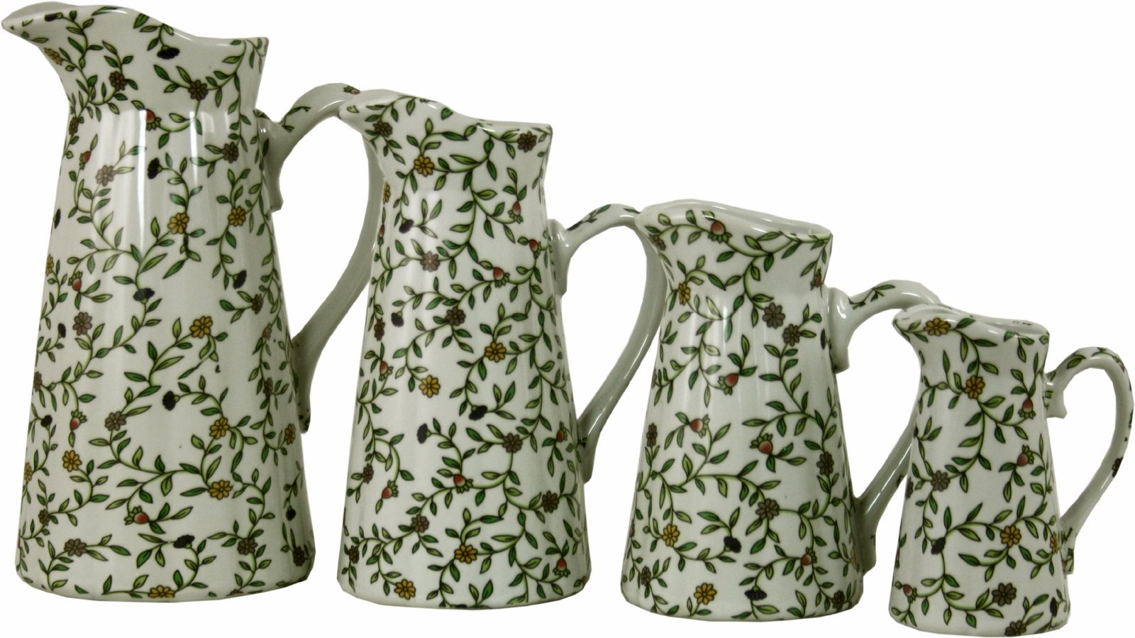 Set of 4 Ceramic Jugs, Vintage Green & White Floral Design-1