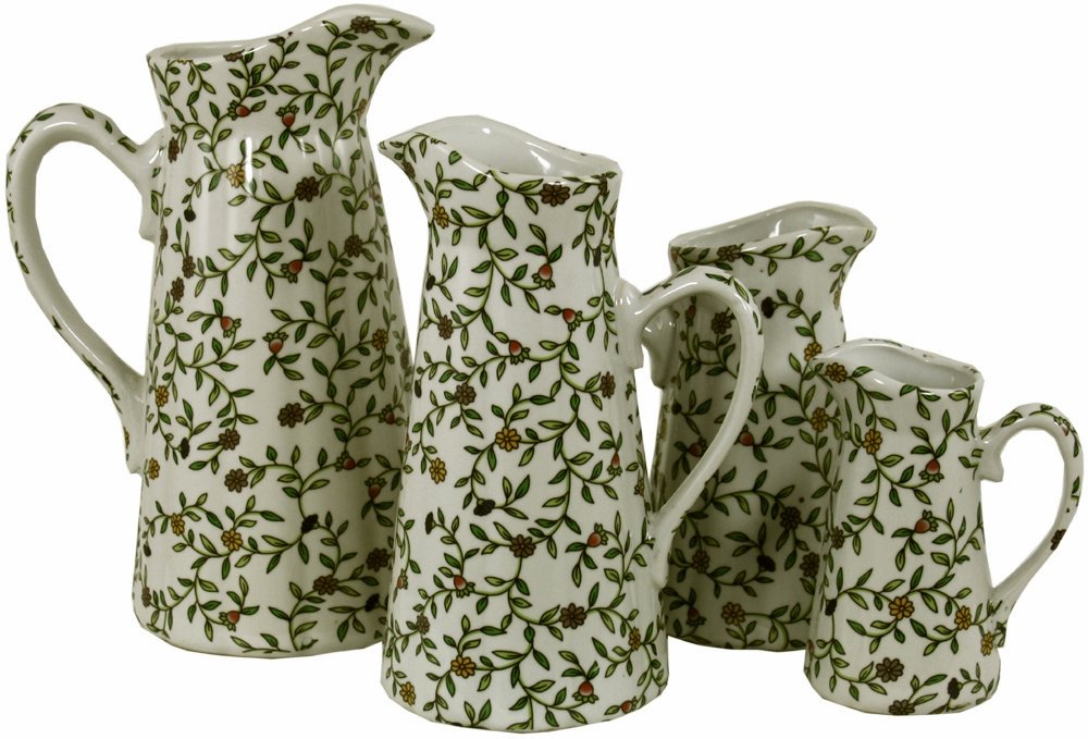Set of 4 Ceramic Jugs, Vintage Green & White Floral Design-0